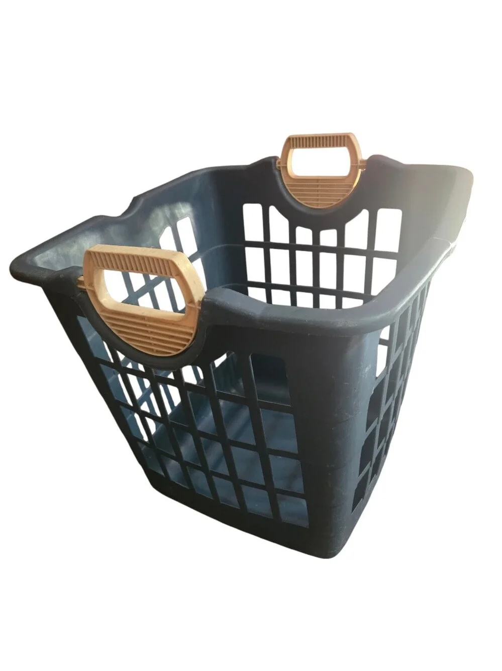 Durable Navy Blue Laundry Basket With Cream Colored  Rotating Handles